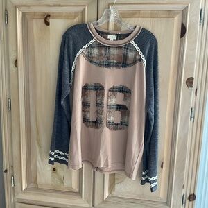 POL Patchwork '06’ Raglan Pullover - Tan/Blush & Charcoal Sz S NWOT $45